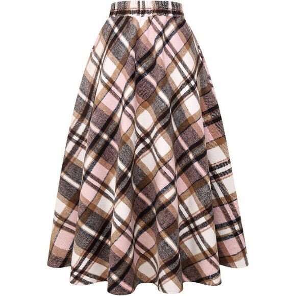 Womens Long Pink 7New Elastic Waist A-Line Pleated Tartan Long Plaid Wool Skirts - Picture 3 of 6